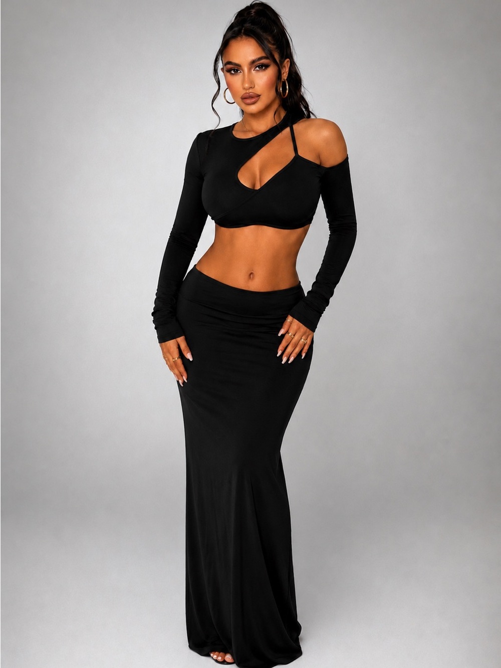Women's Black Asymmetrical Long Sleeve Crop Top - Sleek Cutout Design